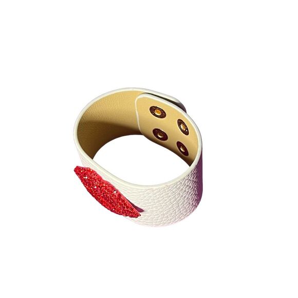 Rhinestone Kiss Red Lip White Cuff Bracelet Adjustable Snap - Picture 9 of 14